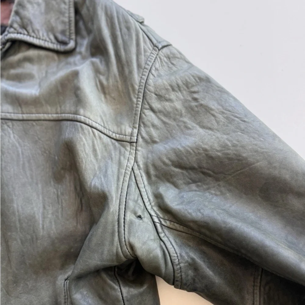 vintage 90s Y2K Wilsons olive green distressed bomber leather jacket * Flaws - Picture 13 of 16